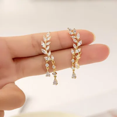 Luxury Shining Zircon Leaf Tassel Earring